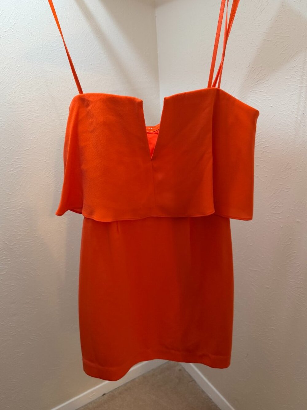 BCBGMaxAzria Strapless Flounce Mini Dress in Coral